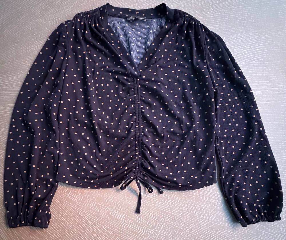 Adrianna Papell Polka Dot Ruched Front Blouse Blue Tan XL Smocked Top